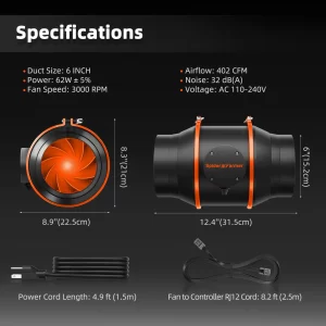 Spider Farmer 6-tollised Spider Farmeri väljalasketorud koos temperatuuri ja niiskuse kontrolleriga, 402CFM
