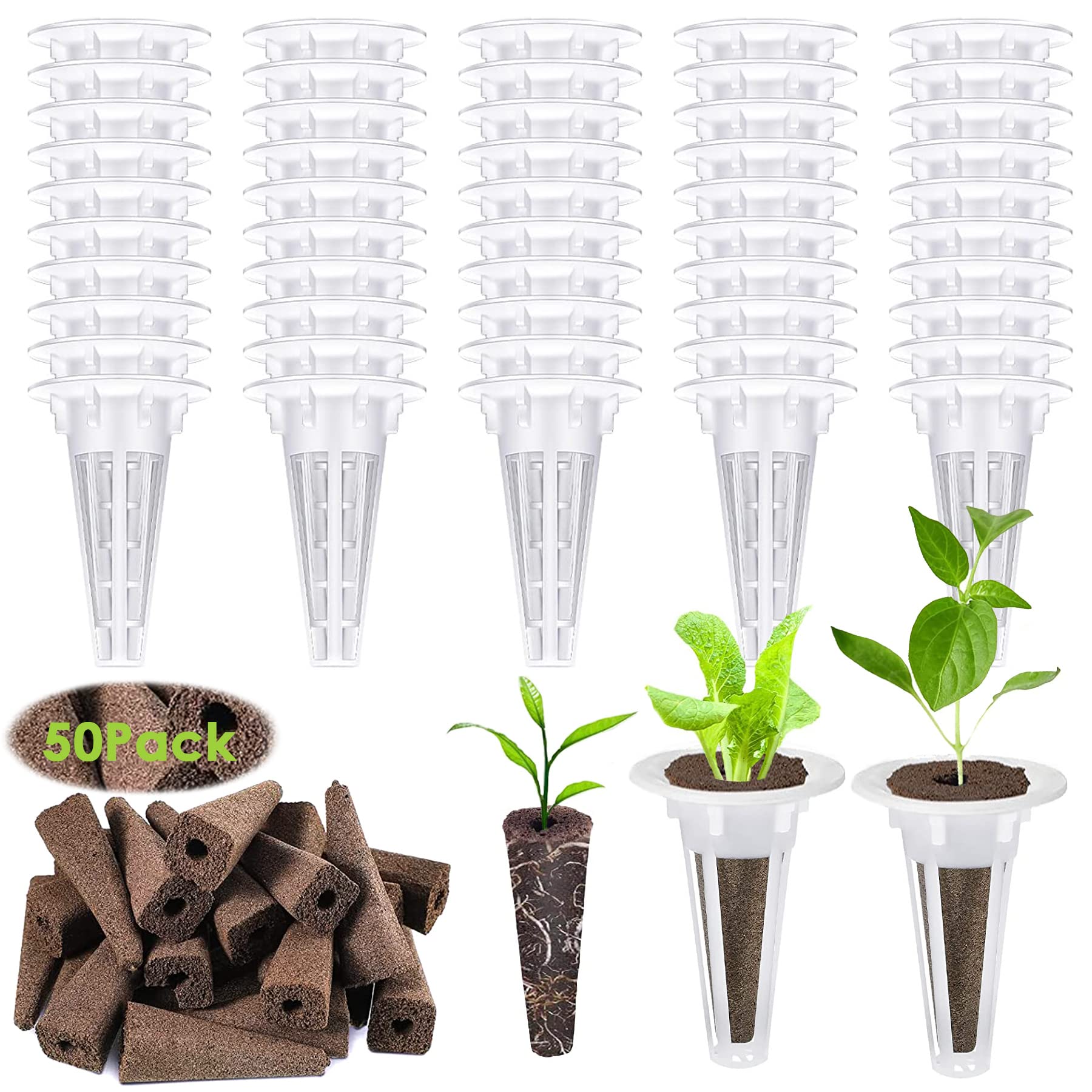 100-osaline hüdropoonika kasvatuse komplekt taimeseemnete idandamiseks – 50 kasvukäsna ja 50 seemnekorvi
