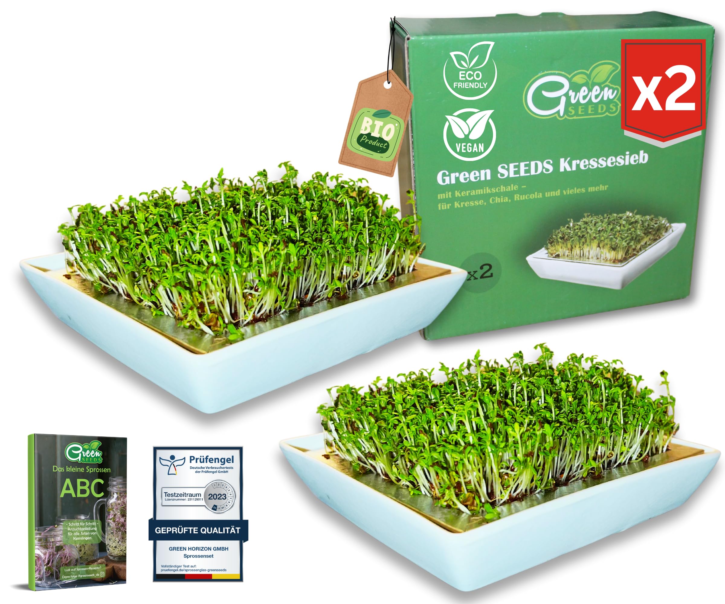 Green SEEDS® Kressesõel 2-osaline komplekt [Originaal] | Roostevabast terasest sõel ja kvaliteetne keraamiline kauss | Idandamisnõu 14 x 14 cm + Sprossen-ABC | Kressikast idandamisalus