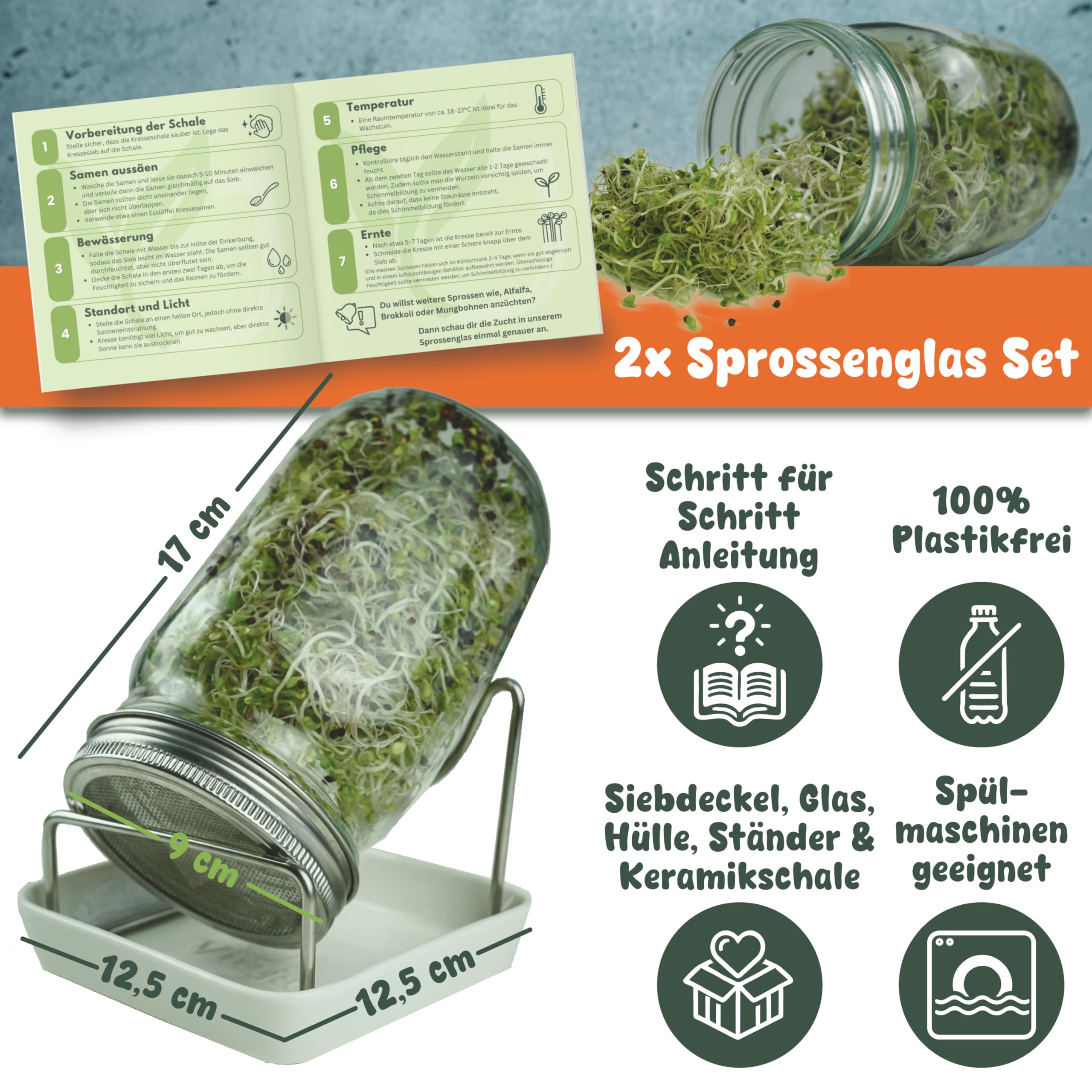 Vitaja idandamisnõude komplekt – 2-osaline komplekt idude ja mikrotaimede kasvatamiseks (koos 2x pimenduskangaga) – Idandamisnõu aknalauale – Nõudepesumasinas pestav