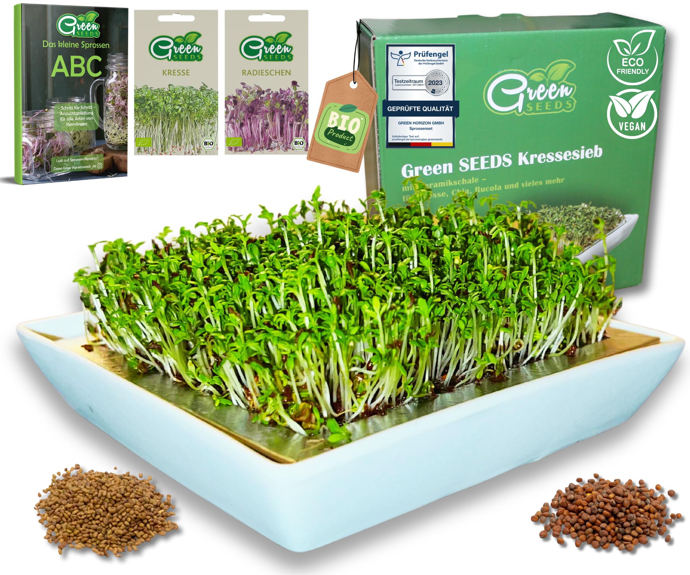 Green SEEDS® Kressisõel 1-osaline komplekt + kressi- ja redisesemned | Roostevabast terasest sõel kvaliteetse keraamilise alusega | Idandamisalus 14 x 14 cm