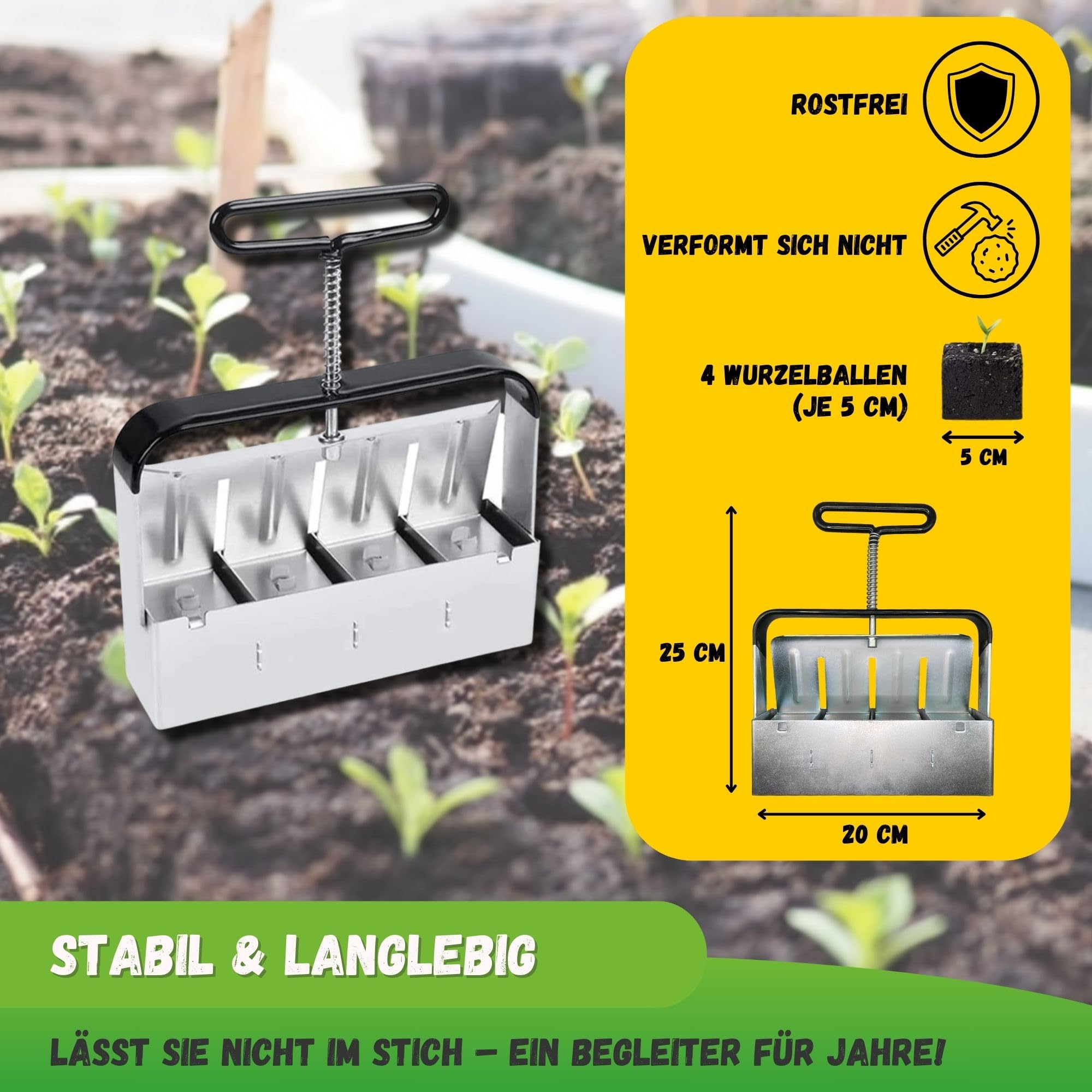 Jarden® Manuaalne Mullahunnikute Press – 4x ruudukujulist (5x5 cm) – Vastupidav roostevabast terasest mullahunniku press – Ideaalne seemikutele ja seemnetele