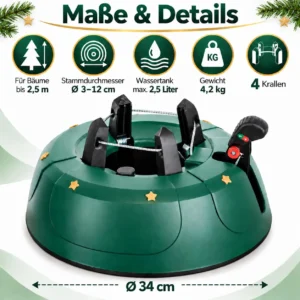 Kuuse jala mõõdud: Ø 34 cm, tüvi 3–12 cm, 2,5 L veepaak, 4,2 kg