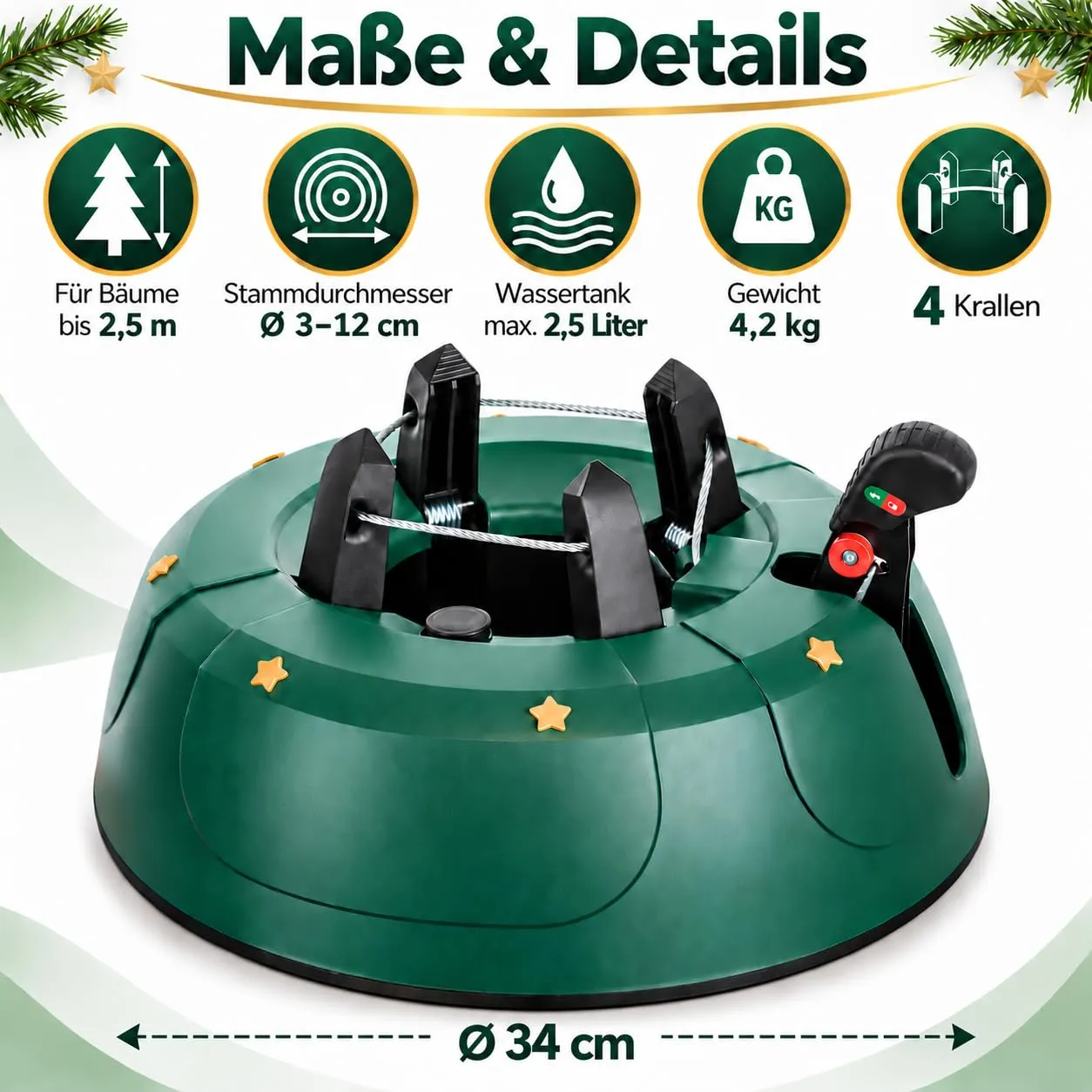 Kuuse jala mõõdud: Ø 34 cm, tüvi 3–12 cm, 2,5 L veepaak, 4,2 kg