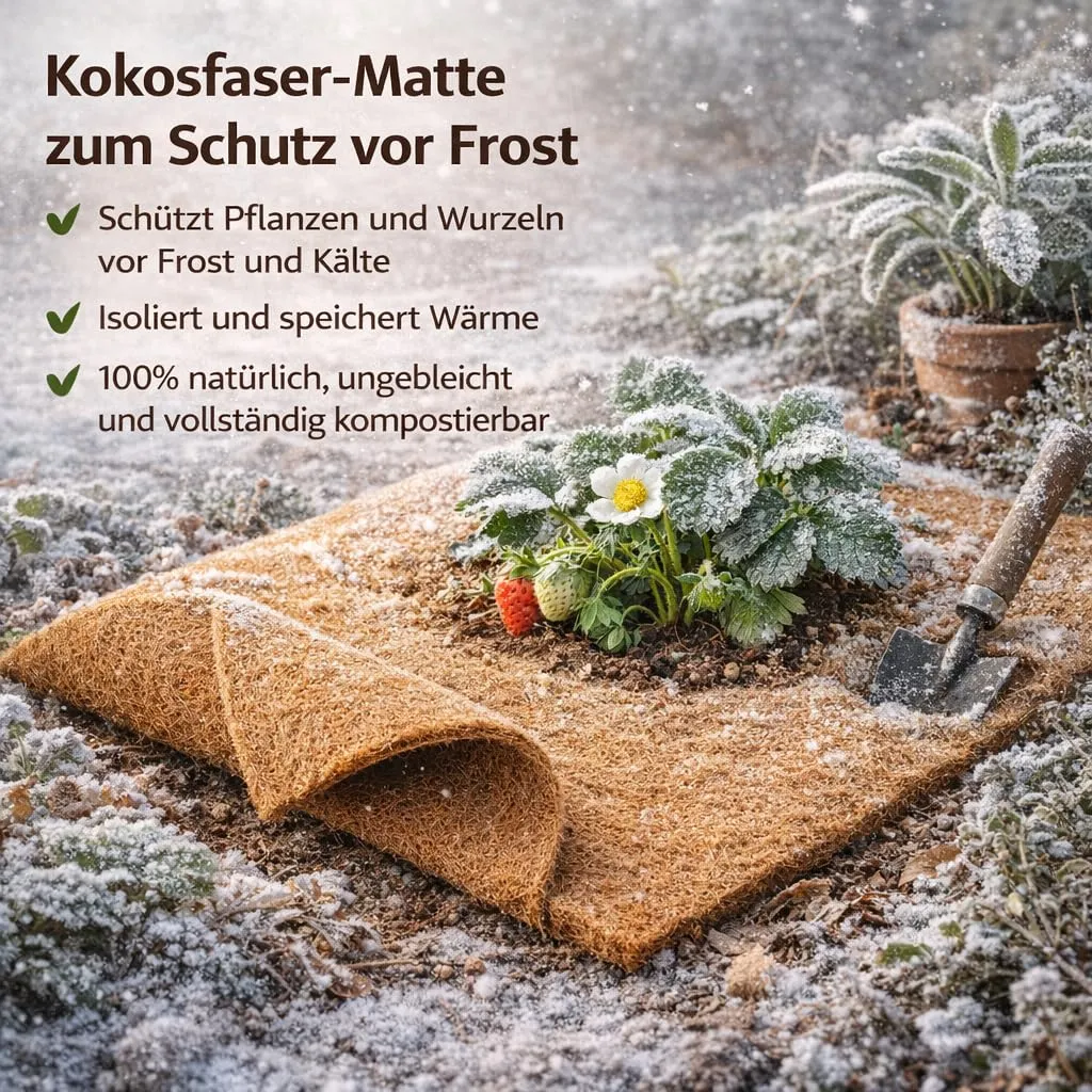 Kookosmatt laotatud maasikataimede juurte kohale