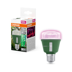 OSRAM GROW 10W E27 LED-taimelamp pakend ja põlev lamp